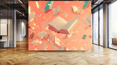 Books fall into motion on a light pink background. Close-up of whole books falling into motion. AI generative Wall mural