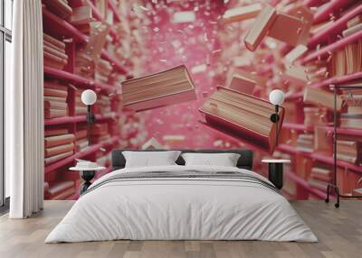 Books fall into motion on a pink background. Close-up of whole books falling into motion. AI generative
 Wall mural