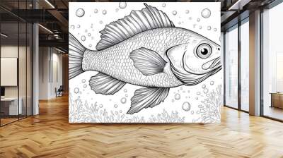 Stylized cartoon fish among small fish on a white background. Sketch for coloring.
 Wall mural