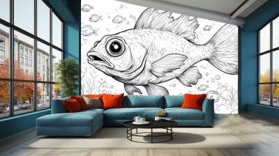 Stylized cartoon fish among small fish on a white background. Sketch for coloring. Wall mural