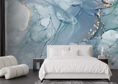 Vector Alcohol ink shape in tender blue and gold. Wall mural