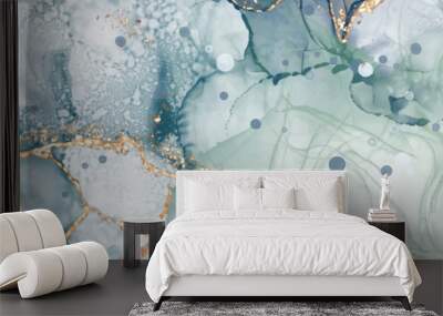 Vector Alcohol ink shape in tender blue and gold. Wall mural