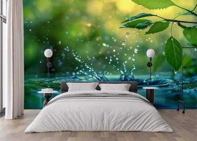 tree forest and water droplet splashing on a green le Wall mural