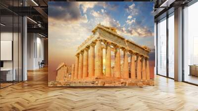 parthenon in athens green sunset clouds colors Wall mural