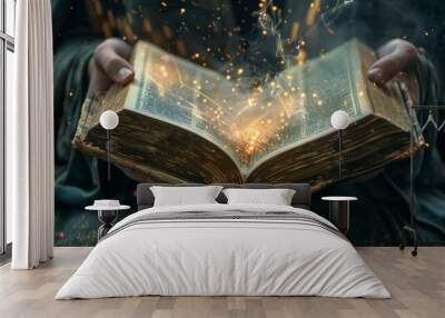 Collage picture image of magical open book with speel for dark magic Wall mural