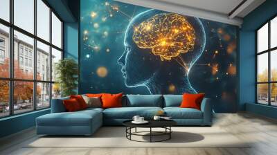 Human head with glowing neurons in brain. Esoteric and meditation concept. Connection with other worlds. Wall mural