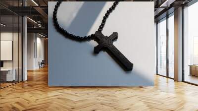 Wood rosary in white background. Brown wooden beads. Wall mural