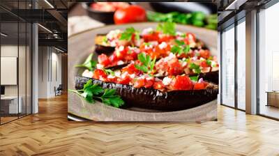 Baked eggplants with tomatoes, onion and garlic Wall mural