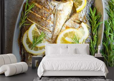 Baked fish dorado. Sea bream or dorada fish grilled Wall mural