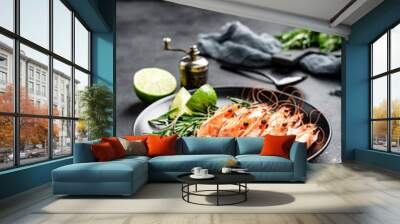 Boiled prawn shrimps on a plate Wall mural