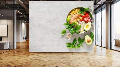 Buddha bowl with grilled chicken breast, tomato, onion, corn, avocado, fresh basil salad and rice, healthy balanced eating for lunch Wall mural