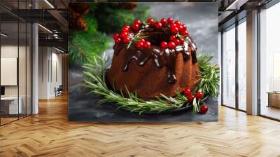 Christmas chocolate bundt cake with glaze decorated with fresh berries and rosemary. Winter baking at Xmas or New Year with decorations on dark background Wall mural