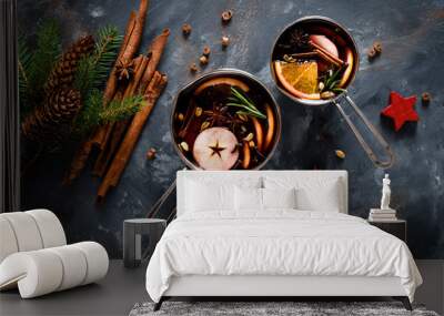 Christmas mulled wine with spices. Traditional winter festive drink at holiday, top view Wall mural