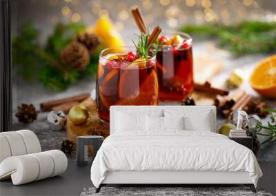 Christmas mulled wine. Traditional Xmas festive drink with decorations and fir tree Wall mural