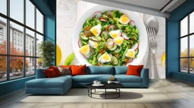 Easter fresh vegetable salad with boiled egg, radish and cucumber, dressing with dijon mustard and lemon on white wooden table. Top view Wall mural