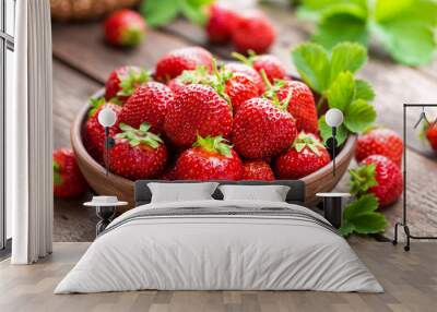 Fresh juicy strawberries with leaves. Strawberry. Wall mural