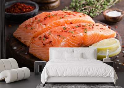 Fresh salmon fish fillet on wooden board Wall mural