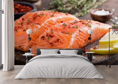 Fresh salmon fish fillet on wooden board Wall mural