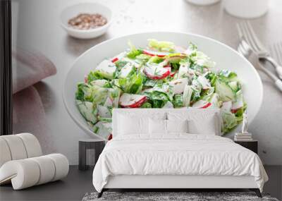 Fresh vegetable salad of green lettuce, radish and cucumber with dill, green onions and greek yogurt Wall mural