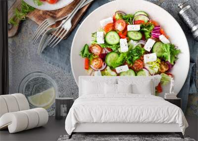 Fresh vegetable salad with feta cheese, fresh lettuce, cherry tomatoes, red onion and pepper Wall mural