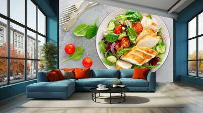 grilled chicken breast, fillet and fresh vegetable salad of lettuce, arugula, spinach, cucumber and  Wall mural