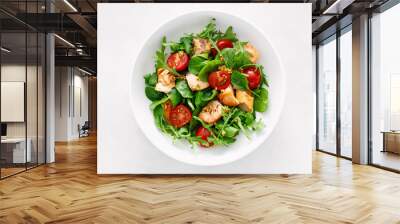 Grilled salmon salad with tomato and salad mix. Top view Wall mural