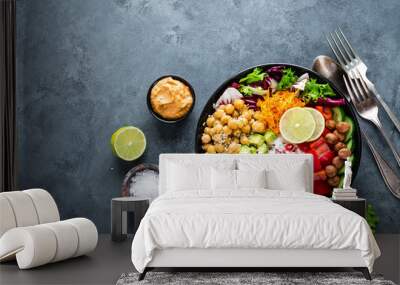 healthy vegetarian buddha bowl with fresh vegetable salad, rice, chickpea, avocado, sweet pepper, cu Wall mural