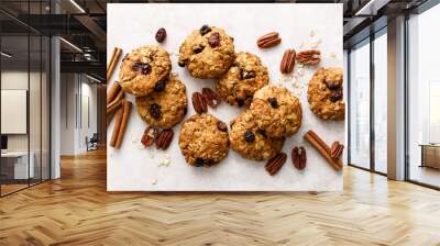 Oatmeal cranberry healthy homemade cookies with cinnamon and pecan nuts for breakfast Wall mural