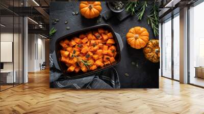 Oven baked pumpkin slices with rosemary and seeds, healthy vegetarian food, top view Wall mural