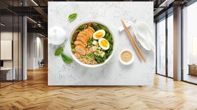 Ramen noodle soup with chicken breast, egg and spinach Wall mural