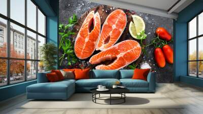 Raw salmon fish. Fresh salmon steaks Wall mural