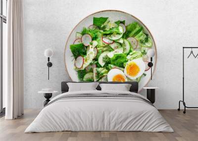 Salad with radish, cucumber, romaine lettuce, greens and boiled egg. Breakfast. Healthy and detox food concept. Wall mural