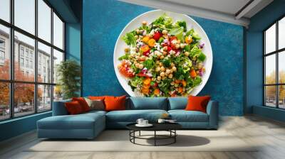 Tabbouleh salad. Tabouli salad with fresh parsley, onions, tomatoes, bulgur and chickpea. Healthy vegetarian food, diet. Top view Wall mural