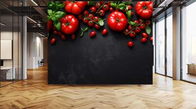 Tomatoes and basil on black background, top view, flat lay Wall mural