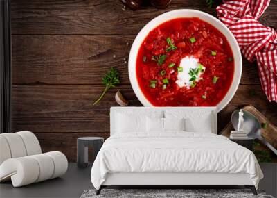 Traditional ukrainian borscht, vegetable soup with tomato, beet, carrot, potato, pepper, cabbage and fresh greens, beetroot soup. Healthy vegetarian food Wall mural