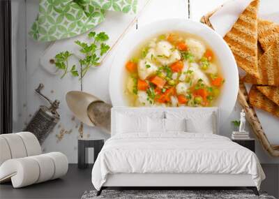 Vegetable soup with cauliflower, carrot, green peas, onion and potato Wall mural