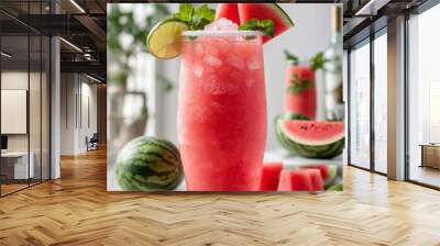 Watermelon frozen Margarita cocktail with watermelon juice, lime and ice. Summer refreshing iced watermelon beverage, drink, juice or cocktail with ice. Wall mural