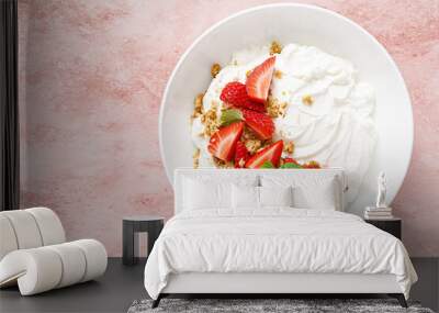 Yogurt with strawberry. Plain white greek yogurt with fresh berries and granola. Healthy food, breakfast. Top view Wall mural