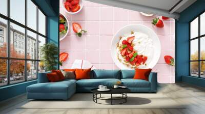 Yogurt with strawberry. Plain white greek yogurt with fresh berries and granola. Healthy food, breakfast. Top view Wall mural