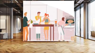 Four adults cooking kitchen teamwork. Friends preparing meal together home. Casual attire, pizza oven, chopping healthy food Wall mural