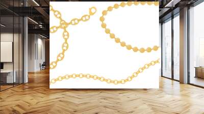 Golden chain jewelry design isolated white background. Shiny gold necklace fashion accessory vector graphic. Elegant metallic link chain illustration luxury adornment Wall mural