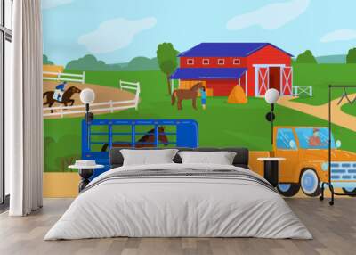 Horses at horse farm country summer rural landscape vector illustration. Ranch field with fence, meadow and horses. Farmland. Horseman on racehorse and truck for moving animals. Wall mural