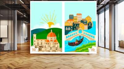 Italian towns travel banners set, tourism on vacation vector illustration of italians city famous landmarks. Rome, Venice and Pisa, Florence architecture and culture sightseeings. Tours to Italy. Wall mural