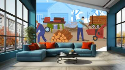 Logging wood industry, timbers, lumber truck with loggs vector illustration. Wood production and forestry. Trees, forest logging, industrial carpentry, firewood transportation and sawmill. Wall mural