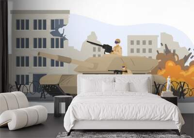 Military operation place, soldier ride war tank attack activity city urban landscape isolated on white, flat vector illustration. Destroyed town army maintenance, dangerous explosion. Wall mural