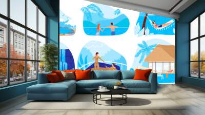 Natural spa resorts vector illustration set. Cartoon flat hot springs collection with people tourists enjoy nature thermal water pool, traditional japanese onsen bath, spa tourism isolated on white Wall mural