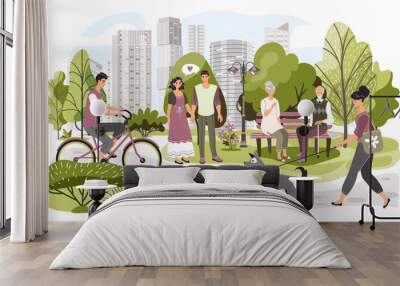 People in city park, weekend leisure in nature, vector illustration. Summer park in modern metropolis, woman walking dog, man riding bicycle, elderly couple sitting on bench. Active lifestyle in city Wall mural