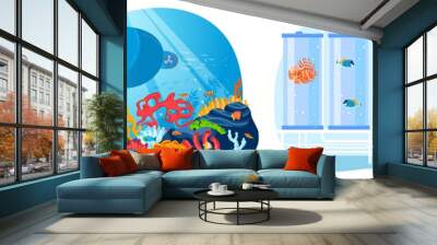 Underwater sea research, vector illustration, flat man character use aquatic equipment to explore marine nature, modern submarine in deep ocean Wall mural