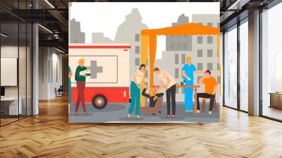 Volunteers medical help people, charity, social volunteering projects flat vector illustrationAssistance for ill, unhealthy, disabled and elderly. Voluntary in hospital, medicine support. Wall mural