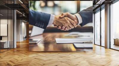 Two business professionals shaking hands after signing a contract, with documents and pens visible on a desk, indicating a finalized agreement Wall mural